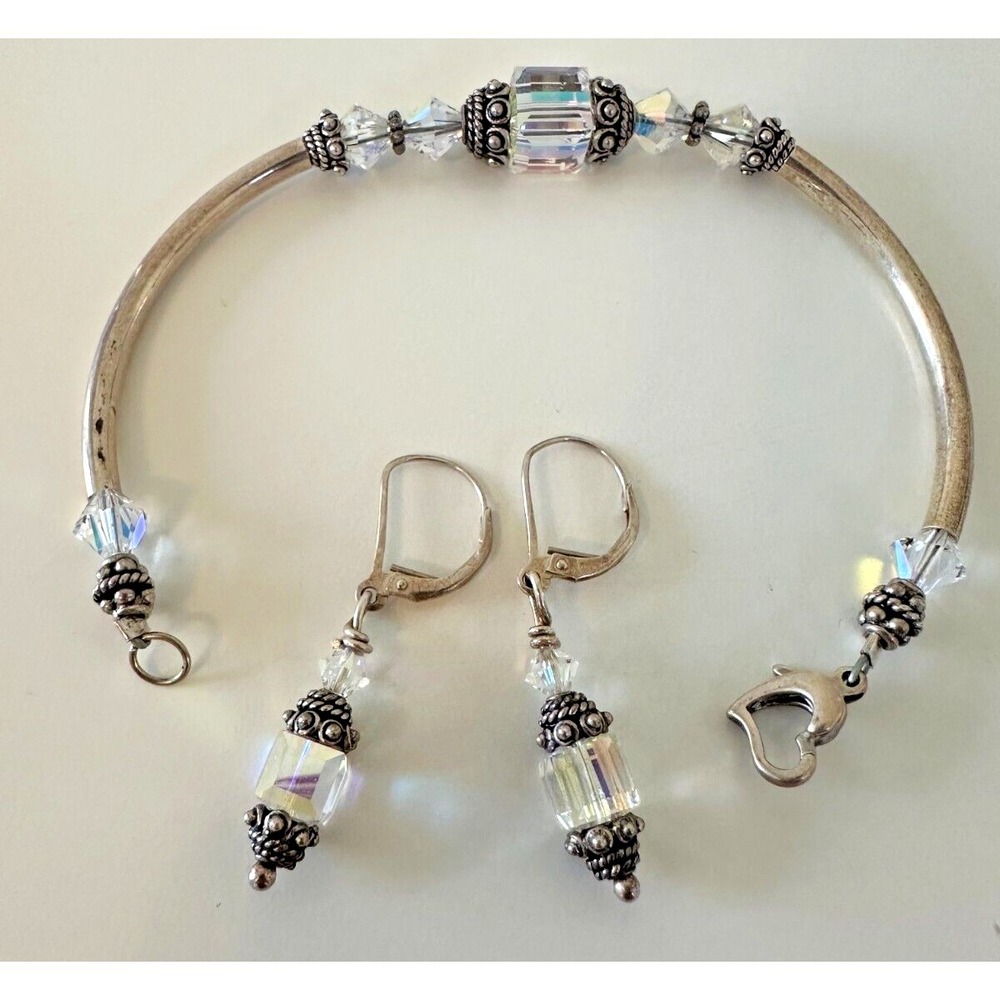 Sterling silver Bracelet Earrings Set AB Beads Heart Clasp 925 Hook Dangle Clear